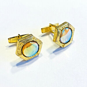 Unique Vintage Cufflinks 1970’s Goldtone & Reflecting Center Stones Hexagon Chic